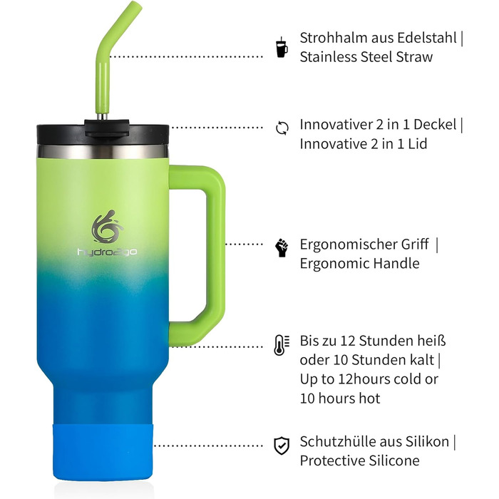 Термокружка Hydro2Go з трубочкою – BPA-free, придатна для миття в посудомийній машині – 10 годин гаряча/12 годин холодна – термокружка To-Go (1200 мл, Earth)