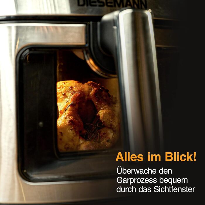 Фритюрниця повітряна DIESEMANN XXL 7.3L – 2000W з 2 нагрівальними елементами (верхній та нижній нагрів), вікно огляду та 8 програмами – для смаження, випікання та грилю без олії