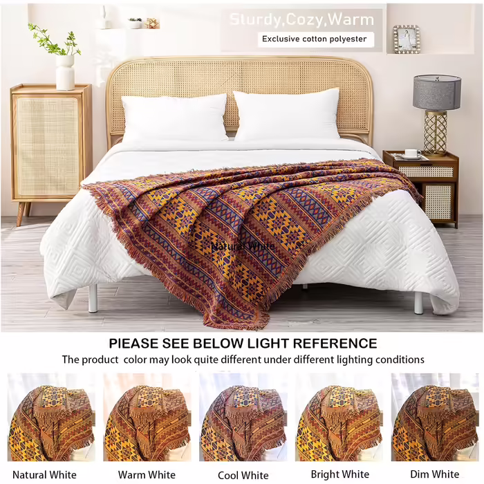 Large throw blanket in Bohemian style with tassels, 100% hand-woven cotton, knitted, chair cover for seats, sofas, couches, and beds (130 x 180 cm)