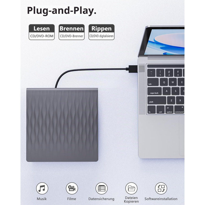 Зовнішній DVD/CD привід DANGZW USB 3.0 Type-C, портативний DVD-брунер та плеєр для ноутбука та ПК, сумісність з Windows, MacOS, Linux (сірий)