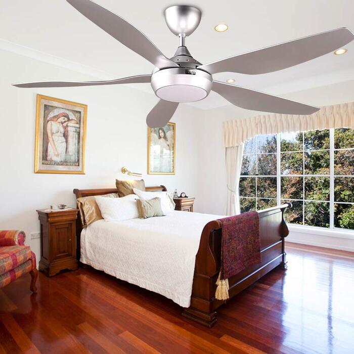 Вентилятор стельовий Reiga з LED-підсвічуванням та пультом керування, 132 см, білий, DC-двигун, тихий, 6 швидкостей, 3 колірні температури, для внутрішнього та зовнішнього використання (5 лопатей, сріблястий)