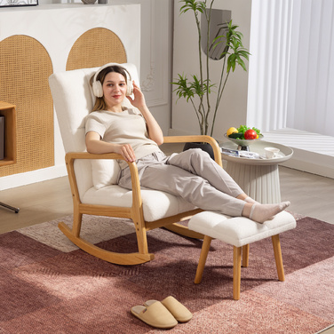 HOMCOM Rocking Chair with Ottoman, Rocking Chair with Fleece Cover, Armrests, High Back, Wooden Sleigh Runners, Padded Swivel Chair, Relax Chair, Accent Chair for Living Room, Bedroom White | Aosom