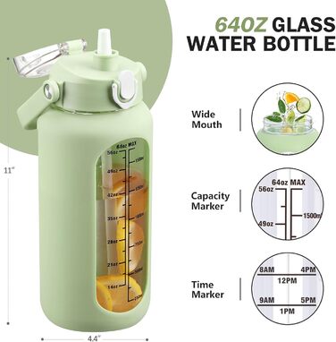 2L Glass Water Bottle with 2 Lids, Flip and Tumble, Lid, 2 Liter Large Water Jug with Time Marker and Silicone Sleeve, BPA-free, Leak-proof for Sports Gym, (Light Green)
