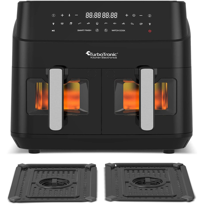 TurboTronic подвійна аерофритюрниця XXL 1600 Вт, 9 л (2×4,5 л), 10 програм, цифрова, без олії, сіра