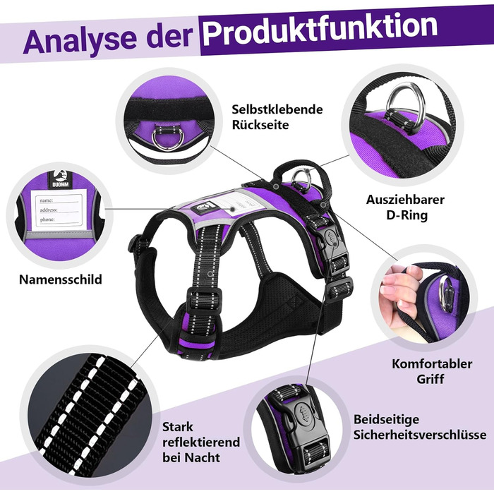Нашийник для собак великих порід з ручкою, без обмеження грудної клітки, дихаючий, безпечний, світловідбиваючий, без матеріалу PU, для тренувань та активного відпочинку, Стиль 2, фіолетовий (L)
