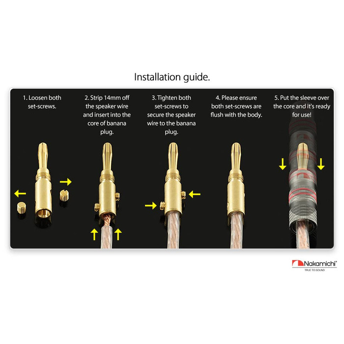 Бананові роз'єми Nakamichi Ultimate Series для акустичних кабелів 12-18 AWG, берилієво-мідні з 24K золотим напиленням, 4 мм, для Hi-Fi колонок та підсилювачів, 12 шт (6 пар)