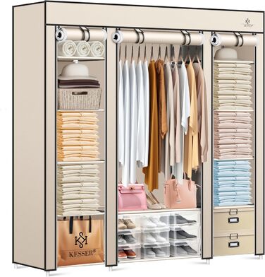 KESSER® Wardrobe Clothes Rack Stable with Clothes Rail & Shelves, Incl. 5x Clothes Hangers, Fabric Folding Wardrobe for Bedroom, Dressing Room Clothes Rack 150x45x175cm (Beige)