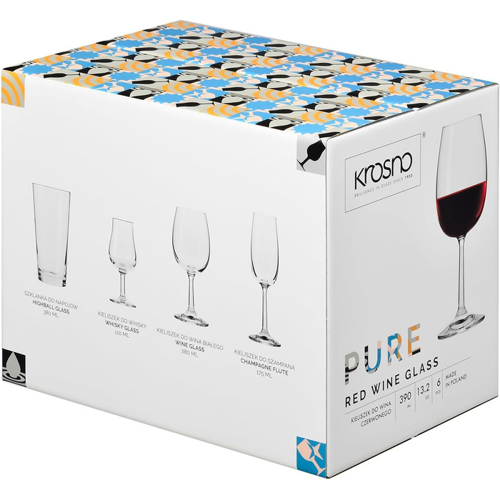Набір келихів для вина Krosno Rotwein 6 шт. 350 мл - склянка для червоного вина, безпечне скло, для дому, ресторану, вечірки