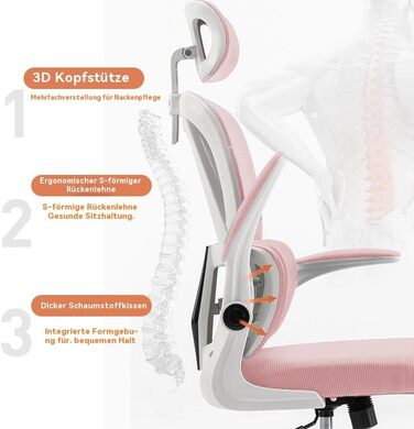 Ергономічне крісло для офісу - регульоване, з підлокітниками, підтримкою попереку та сіткою | Для дому, ігор, навчання (Рожеве, Середнє)
