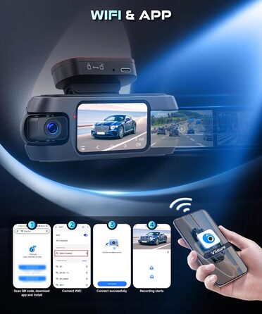 Відеореєстратор 4K WiFi Voller 360°, Автомобільна камера з GPS, Park Mode, Нічним баченням та G-сенсором. Комплект з камерою заднього виду.