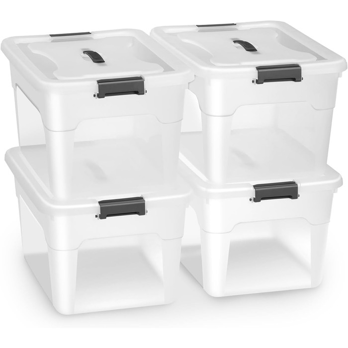 Juskys Storage Box with Lid - Set of 4 Plastic Boxes 45L - Large Box, Stackable, Transparent - Storage Organization System Storage Boxes (Set of 4 - 30 Liters)