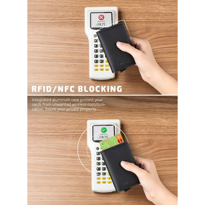Чоловічий гаманець-картхолдер VULKIT зі шкіри з RFID захистом, чорний (Litchi). Місткість: 5-7 карт + гроші