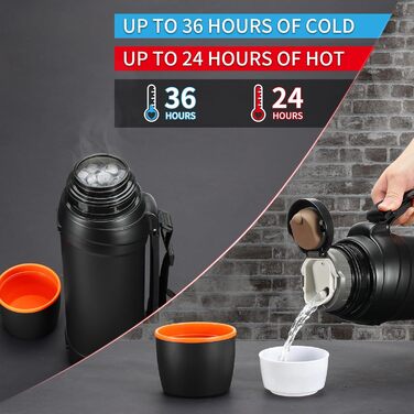 Термос-пляшка з нержавіючої сталі, 2.5 л, з кришкою-чашкою, зберігає тепло 24 год, холод 24 год, без BPA (чорна)