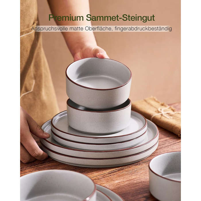 Набір посуду Mercury, 12 предметів: тарілки, супові миски, десертні тарілки, для 4 осіб, з каменю, стійкий до мікрохвильової печі та миття в посудомийній машині, колір сірий (N-Set 18 предметів, 6 осіб)