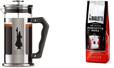 Bialetti Kaffeepresse Preziosa, French Press Filter for coffee or tea, stainless steel housing and borosilicate glass container, dishwasher-safe, 1 Liter, 8 cups, Silver (1 l (8 cups), Bundle with Perfetto Moka Classico)