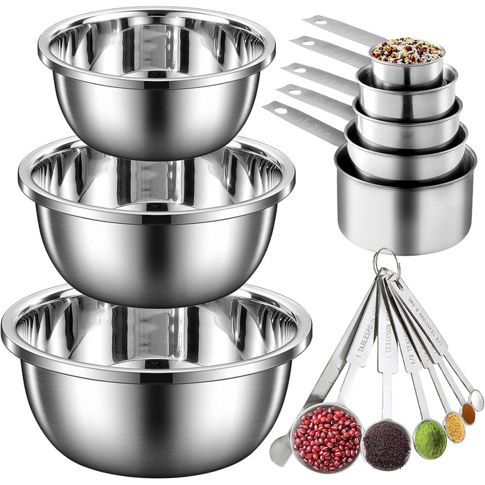 Mixing Bowl 3-Piece Set, Measuring Cup and Measuring Spoon 12-Piece Set, 5 Cup Pitcher & 7 Measuring Spoons, Nesting Cups, Stainless Steel Teaspoons and Tablespoons 18/8 for Baking and Cooking (Silver)