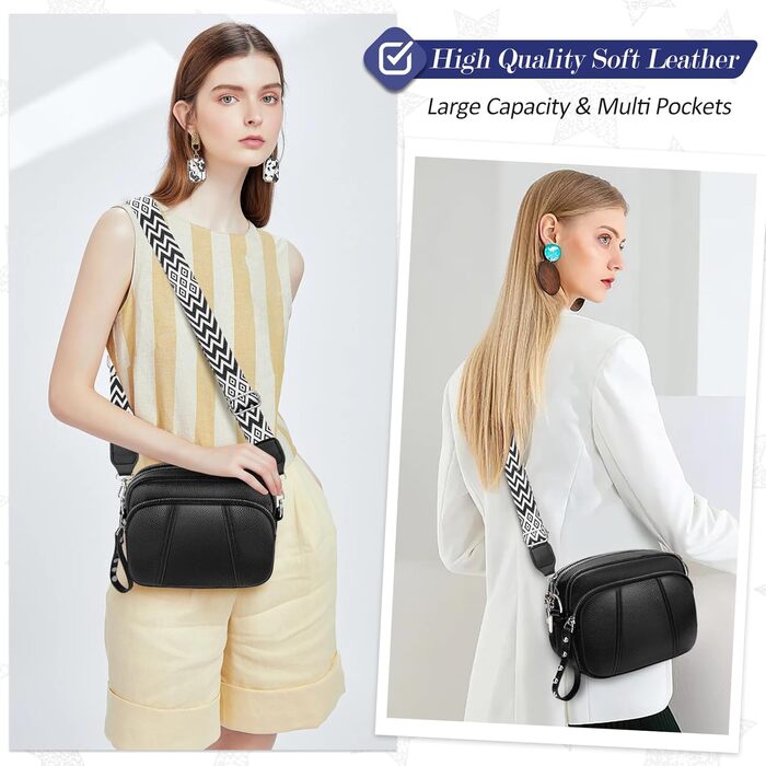 Жіноча сумка через плече кросбоді з натуральної шкіри чорного кольору. Стильна міні-сумка з широким ременем та відділенням для карт