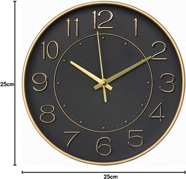 HZDHCLH Funk Wall Clock Silent No Ticking 25 cm Easy-to-Read Clock for Kitchen, Living Room, Bedroom, Bathroom, Home Office (Black Gold)