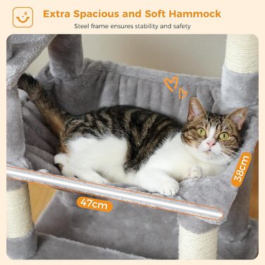 PAWZ Road Дряпка для котів велика, стабільна, 184 см, з гамаком, 7 стовпчиків для дряпання, велика полиця, кошик, для великих котів, сірий (M)