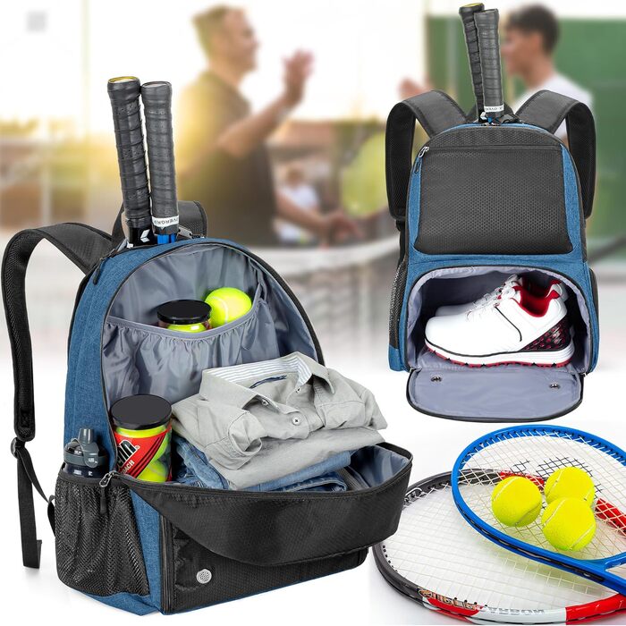 Рюкзак для тенісу DSLEAF з відділенням для взуття, сумка для 2 ракет, з м'якими лямками, вентильоване відділення для взуття, для жінок та чоловіків (блакитний)