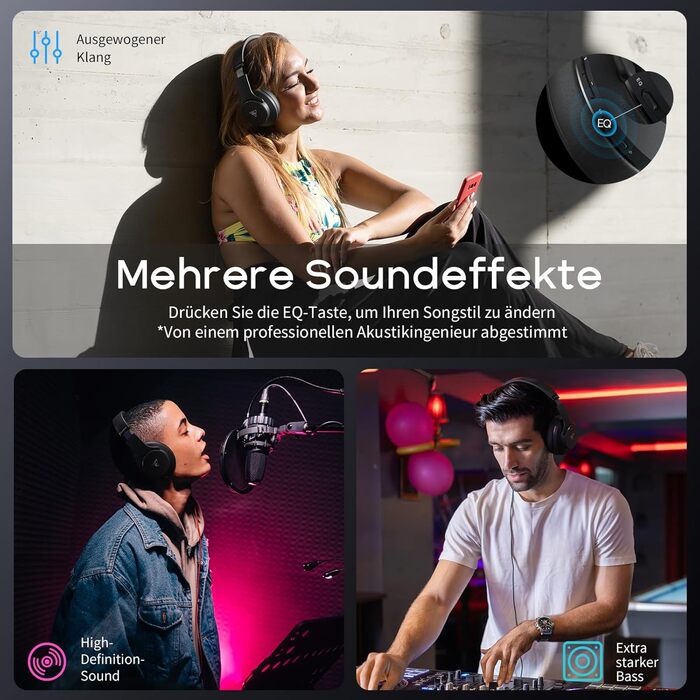 DOQAUS Bluetooth навушники Over-Ear, 90 годин роботи, Bluetooth 5.3, бездротові навушники з мікрофоном, HiFi стерео звук, глибокий бас, для телефону, подорожей, чорний