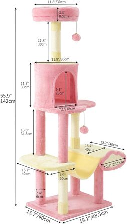 Кігтеточка YITAHOME XXL для котів, 142 см, рожева. З 8 стовпчиків сизалю, 3 платформ, 2 ховалок, гамаком, іграшками та дощечкою для шліфування кігтів.