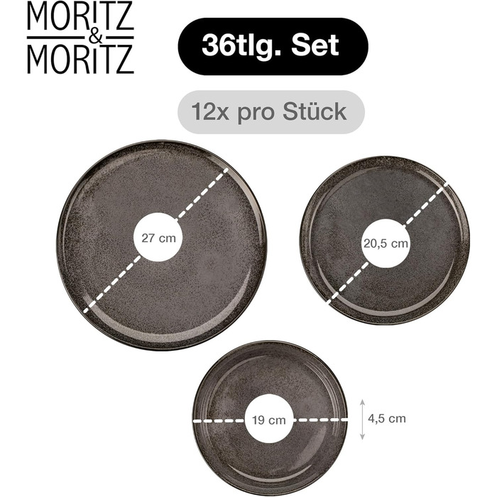 Набір посуду Moritz & Moritz VIDA на 12 осіб, 36 предметів, антрацит - сучасний порцеляновий сервіз, стійкий до подряпин, для мікрохвильової печі та посудомийної машини