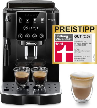 De'Longhi Magnifica Start ECAM222.20.B, fully automatic coffee machine with milk frother, for cappuccino, with espresso direct selection and 2x espresso function, 13-stage conical grinder, 1450 W, Black. Fully automatic coffee machine with touch display.