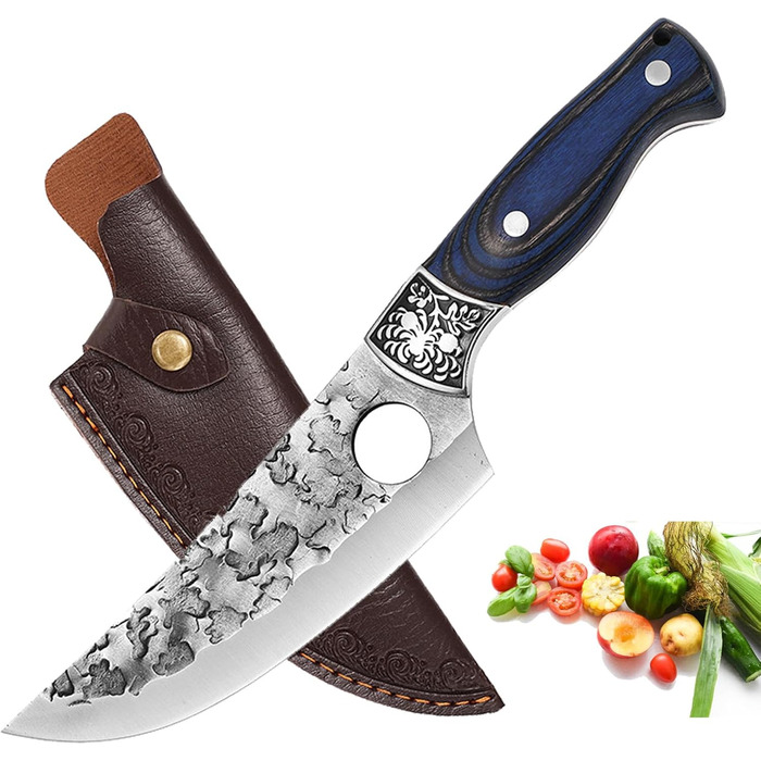 Японський ніж для обробки м'яса Doklasu, ручної роботи, full tang, з високоякісної сталі 5Cr15MoV, з червоним дерев'яним руків'ям та піхвою (15 см)