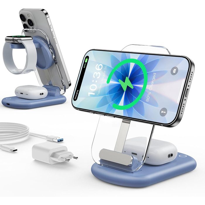 Підставка для зарядки MagSafe 3-в-1 для iPhone 17/16/15/14/13/12 Pro Max/Air/Plus/Pro та Apple Watch 10/9, AirPods 3/2/Pro (блакитна)