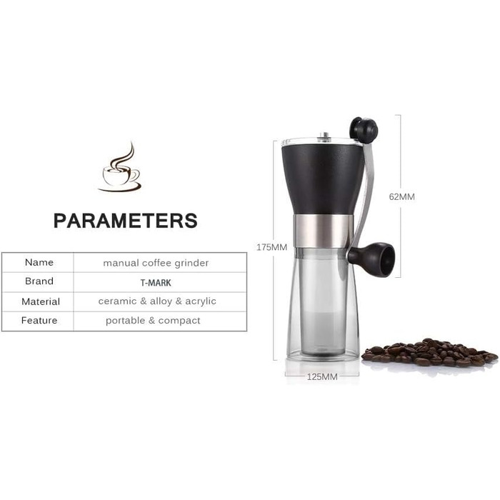 Ручна кавомолка T-mark, портативна з регулюванням, керамічна для дому та подорожей, чорний метал