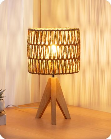 LED настільна лампа EDISHINE з абажуром з ручної роботи, дерев'яною ніжкою, тепле світло 2700K, бохо-стиль, для спальні, вітальні, готелю, з лампочкою E27 4W