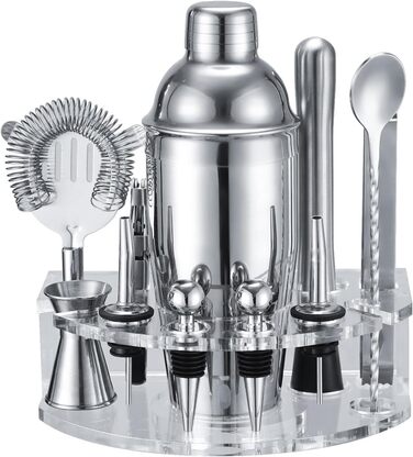 Cocktail Shaker Set, Stainless Steel Cocktail Set with 12-Piece Bar Accessories, 750ml Shaker Bartender Set with Stand, Cocktail Machine Bar Set for Home, Gifts for Men Dad Bartender (Silver)