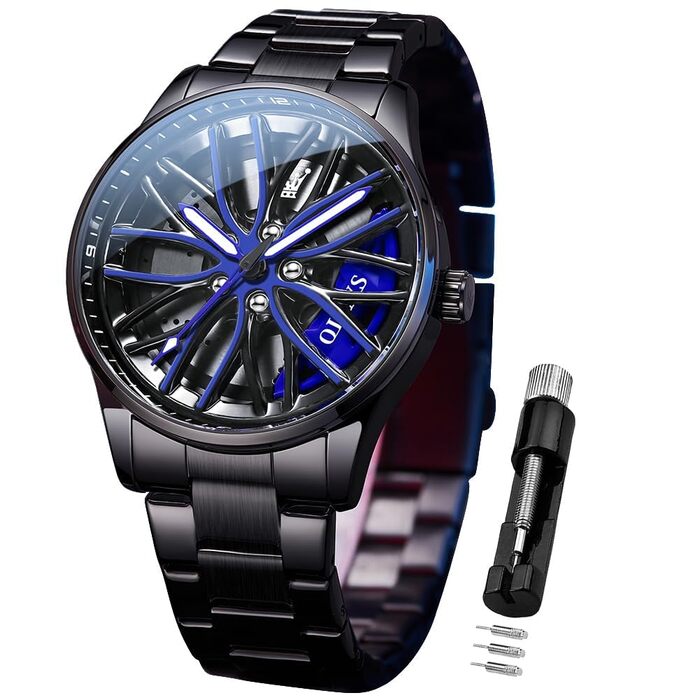 Чоловічий годинник OLEVS Quartz (9937 Blau) — Спортивний сталевий годинник з дизайном автоколеса, водонепроникний, з підсвічуванням циферблата