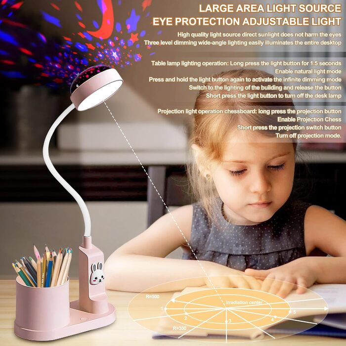 Дитяча LED лампа на стіл Kinder з тримачем для олівців, регульована, з проекцією зірок, 360° повертання, для дитячої кімнати (рожева)