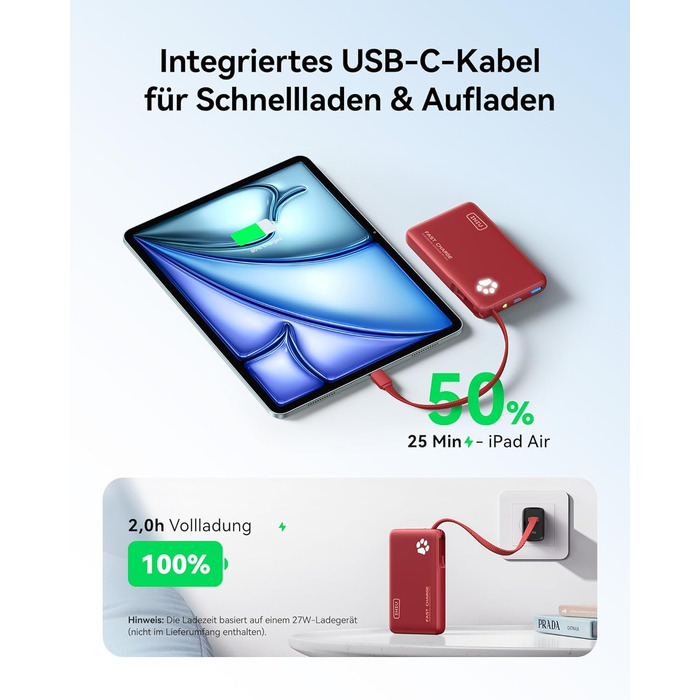 Power Bank INIU 10000mAh 20W з USB-C кабелем, PD3.0/QC4.0, для iPhone/Samsung/iPad (Червоний)