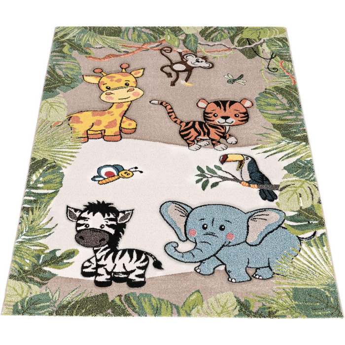 Paco Home Children's Rug, Children's Room, Jungle Animals, Giraffe, Lion, Monkey, Zebra, Beige, Cream, Size: Ø 120 cm Round