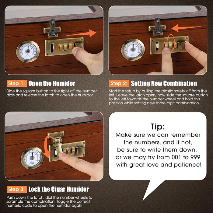 Гумодор для сигар з кедрової деревини, з гігрометром, зволожувачем, перегородкою, ящиком для аксесуарів та кодовим замком (20-35 сигар)