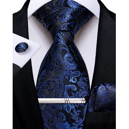Краватка DiBanGu чоловіча шовкова з візерунком пава та квітів, комплект з кишеньковим хустинкою, затискачем для краватки та краватковими затискачами, для весілля та бізнесу (темно-синій)