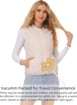 Жіноча степкова жилетка Fuinoth з рифленим коміром, натуральний блискавка, стьобана жилетка (M, Бежевий)