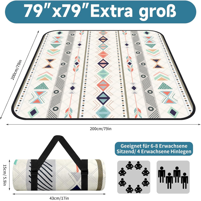 Плед для пікніка Hysagtek 200x200 см, водонепроникний, великий пляжний плед в стилі бохо для відпочинку на природі, кемпінгу, парку
