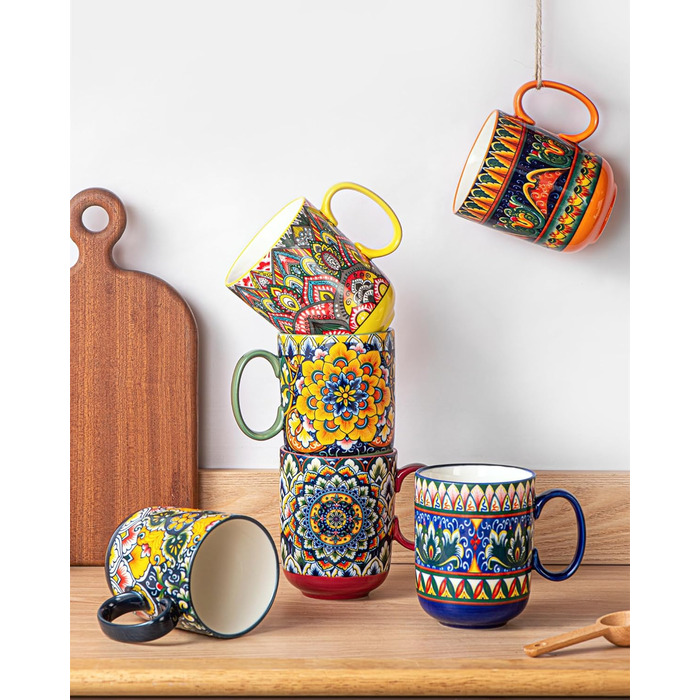 Набір чашок з порцеляни, керамічні чашки капучино/маг - посуд для 6 осіб, набір чашок для кави - богемний стиль (400мл)