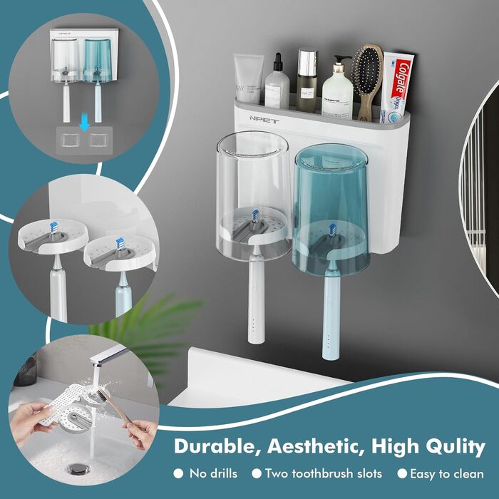 NPET Bathroom Toothbrush Holder, 3 Cups, Toothbrush Holder Set, Wall Mount, Ideal Bathroom Accessory Organization (2 Cups, Grey)