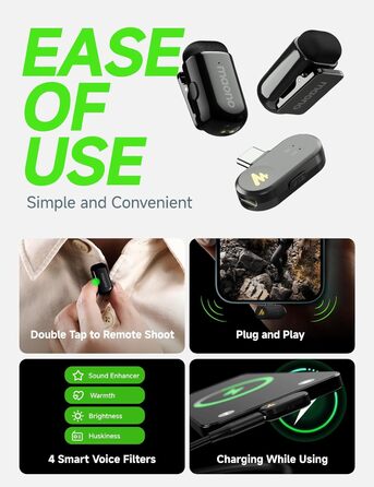 Мікрофон MAONO Wave T1 Mini USB-C: Бездротовий мікрофон для iPhone, Android, YouTube, Vlog (30 годин роботи)