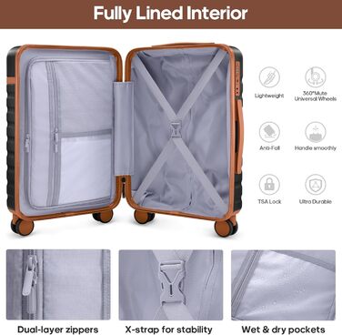 Набір валіз UKEIN 3 шт. з жорстким корпусом, для подорожей, з TSA замком та спіннер колесами. Включає рюкзак та косметичку. (Чорний/Коричневий)