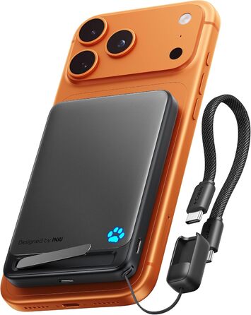 INIU Power Bank Magsafe 10000mAh 45W Qi2, чорний. З кабелем USB-C та підставкою, для iPhone 17/16/15/14/13