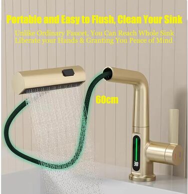 Кухонний змішувач з витяжною лійкою, 3 режими, LED-індикатор температури, поворотний на 360°, для кухні, золотий