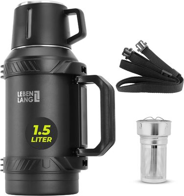 Термос LEBENLANG 2,5 л з чашкою, ситом для чаю та ремінцем | Фляга-термос з нержавіючої сталі, 24 години зберігання тепла | Ізотермос, термокружка