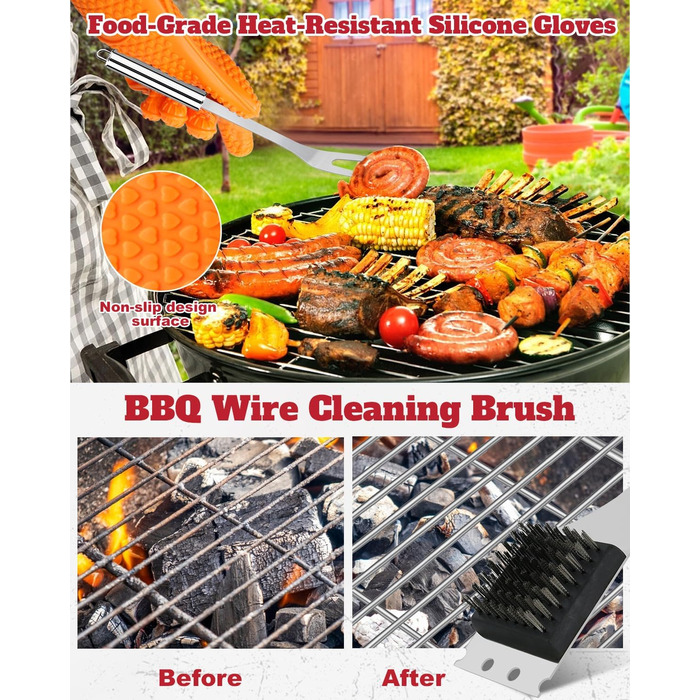 Набір гриль-посуду 11 предметів, 34 см, нержавіюча сталь. Комплектація: щипці, виделка, кейс. Практичний багатофункціональний набір для барбекю, подарунок для чоловіків (срібний)