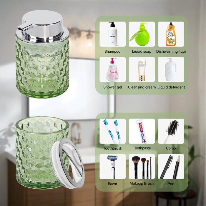 Pink bathroom accessory set made of glass, including a toothbrush holder, soap dispenser, and cup, a foaming soap dispenser, and a toothbrush holder, 3 pink bathroom cups for brush and toothpaste (green and silver).